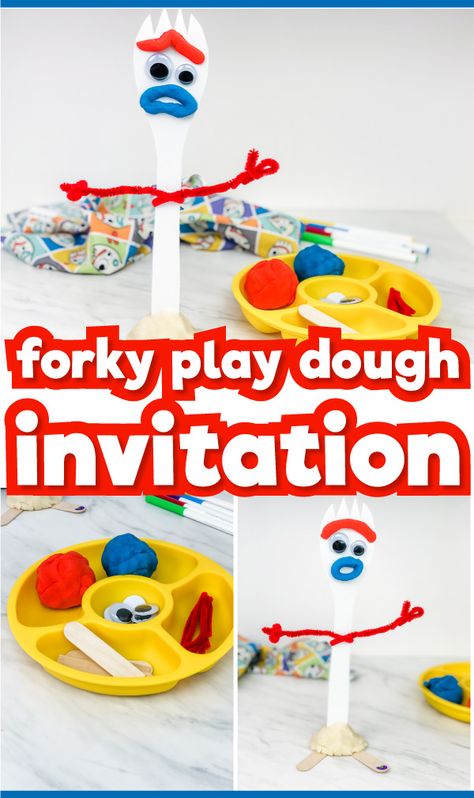 This Forky play dough invitation to play is a fun play dough activity for kids of all ages. Preschool, pre k and kindergarten children will love making their own Forky over and over again! #simpleeverydaymom #invitationtoplay #playdough #preschool #prek #kindergarten #homeschoolpreschool #disney #disneycrafts #disneyactivities #disneykids #kidsandparenting #preschoolers Disney Day At Preschool, Disney Day Preschool, Disney Day Preschool Activities, Preschool Movie Day Ideas, Preschool Disney Theme, Disney Theme Activities For Preschool, Disney Kindergarten Activities, Disney Day Kindergarten, Build Your Own Forky