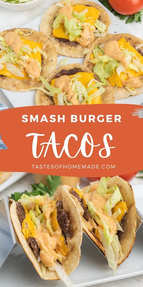 Big Mac Smash Burger Tacos are ready in just 15 minutes! These tasty burger tacos are made on the griddle using flattened beef patties, tortillas, and cheese. They are a quick and easy meal that the whole family will love. Add burger sauce, lettuce, onions, tomatoes, or other favorite burger toppings. Serve with a side of air fryer fries for the perfect meal. Stovetop Griddle, Big Mac Smash Burger, Smash Burger Tacos, Burger Tacos, Outdoor Griddle, Homemade Big Mac, Outdoor Cooking Recipes, Burger Seasoning, Meatball Recipes Easy