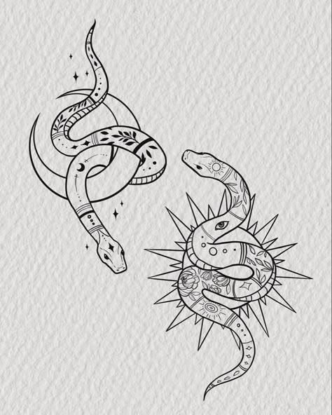 Tribal sun and moon inspired snake tattoo art for best friends or sisters Pair Tattoos, Small Snake Tattoo, Partner Tattoos, Maching Tattoos, Cute Matching Tattoos, Matching Friend Tattoos, Small Matching Tattoos, Tattoos Infinity, Bestie Tattoo