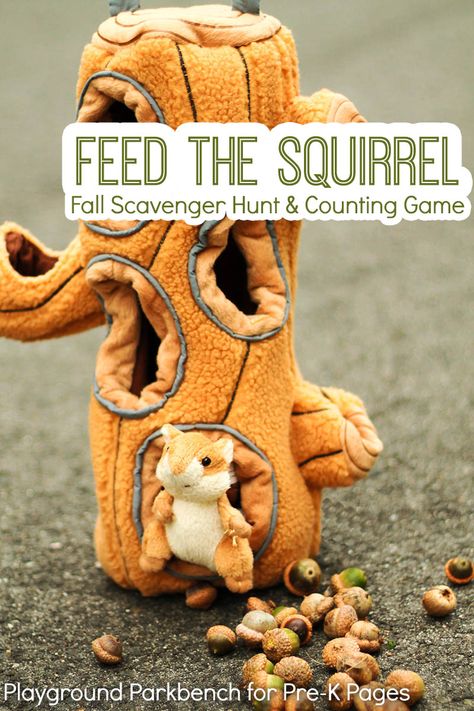 Gather acorns for counters and play a fun fall counting game for preschool, pre-k, and kindergarten Squirrel Activities For Kindergarten, Preschool Squirrel Activities, Feed The Squirrel Activity, Preschool Squirrel Theme, Preschool Fall Theme Activities, Acorn And Squirrel Activities, Squirrel Counting Activity, Motor Skills Preschool, Autumn Preschool Theme