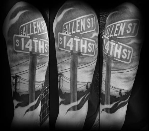 30 Street Sign Tattoo Ideas For Men - Navigational Designs Street Sign Tattoo Ideas, Street Address Tattoo, Street Sign Tattoos For Men, Street Name Tattoo, Street Sign Tattoo Design, Street Signs Tattoo, Street Tattoo Design, Street Tattoos For Men, Street Sign Tattoo