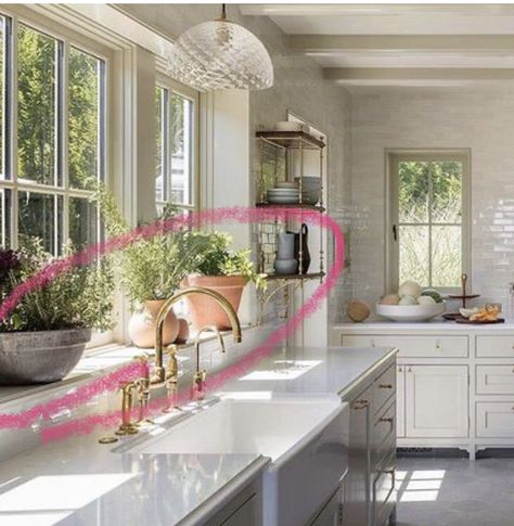 Kitchen Ideas Full View, Cabinets Surrounding Window, French Villa Kitchen, Shelves By Kitchen Sink Window, Shelves In Front Of Windows Kitchen, Kitchen Window Box Over Sink, Glass Shelves In Front Of Window, Kitchen Window Shelf Decor, Large Window Above Kitchen Sink