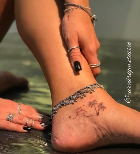 Small Beach Tattoos, Beachy Tattoos, Hawaii Tattoos, Ankle Tattoos For Women, Palm Tattoos, Anklet Tattoos, Sharpie Tattoos, Fire Tattoo, Beach Tattoo