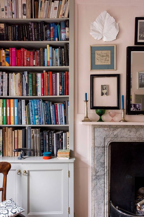 Small Pink Living Room With Alcove Bookcase Bookshelf Ideas Living Room, Ben Pentreath, Marble Fireplace Surround, British Interior, Pink Living Room, London House, Small Flat, Fireplace Surrounds, Home Library