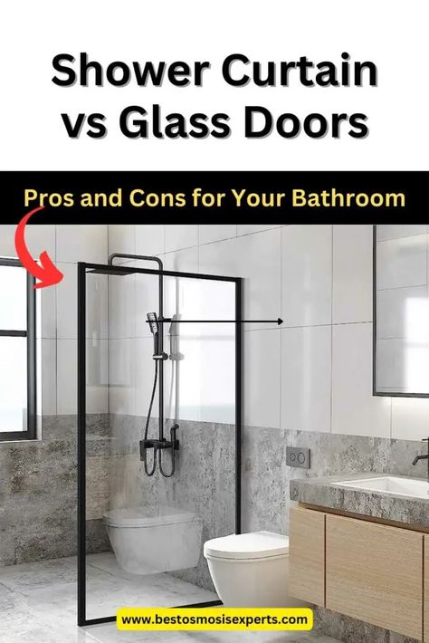 Shower Curtain vs Glass Doors: Pros and Cons for Your Bathroom 3 Glass Shower Door With Curtain, Shower Curtain Vs Glass Door, Black Fixtures Bathroom, Luxury Bath Mats, Bathroom Upgrade, Glass Shower Doors, Diy Curtains, Bathroom Space, Plumbing Fixtures