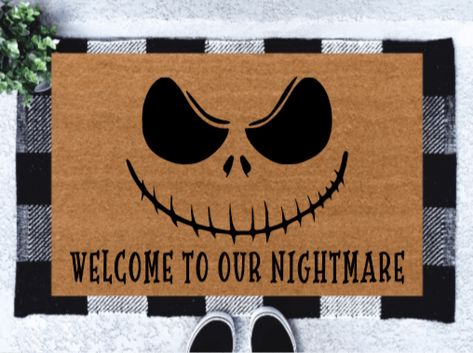 Jack Skellington Doormat | Welcome to our NightmareOur mats are made of 100% natural coir material with PVC slip resistant rubber backing. Natural surface provides durability and traction to wipe your shoes. Suitable for indoor and outdoor use.All of our designs are hand-painted made with love just for you.We use high quality, water resistant outdoor paints and UV Sealed for durability. Jack Skellington Porch Decor, Halloween Door Mats Outdoor, Jack Skellington Decor, Halloween Welcome Mats Diy, Spooky Mats, Diy Doormat Ideas, Harry Potter Stencils, Halloween Mats, Mat Ideas