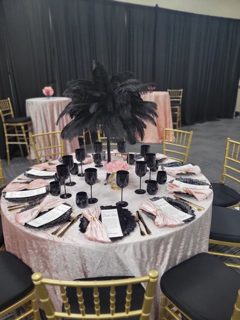 Black And Rose Gold Dinner Table Setting, Pink Black And Gold Table Decorations, Hot Pink And Black Table Setting, Black Gold Silver Pink Party, Pink Black Gold Party Decoration Table Settings, Blush Pink And Black Wedding Centerpieces, Black Pink Gold Wedding Theme, Pink Black And Silver Table Decor, Blush And Black Table Setting