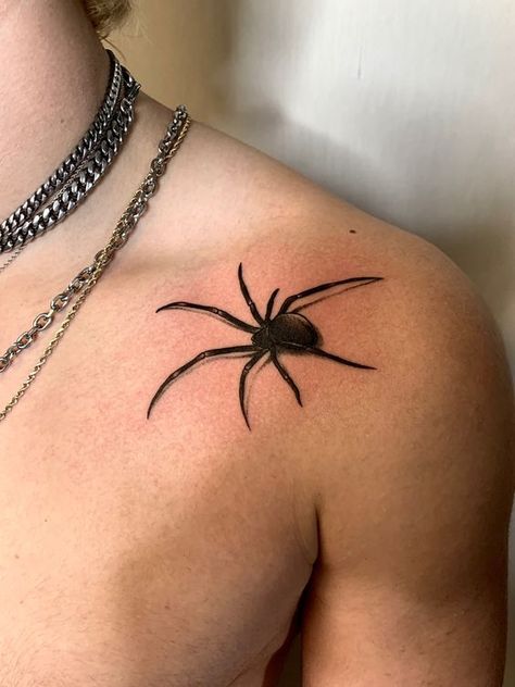 Spider Shoulder Tattoo Men, Collarbone Spider Tattoo, Spider On Chest Tattoo, Tattoo Ideas For Men Spider, Spider Tattoo Ideas For Men, Spider On Shoulder Tattoo, Men Spider Tattoo, Shoulder Spider Tattoo, Realism Spider Tattoo