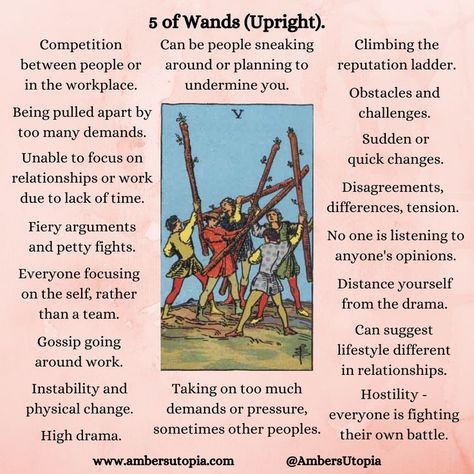 The 5 of Wands within the tarot deck, meaning change and conflict as well as a rise in tension within the environment. 

#Tarot #5ofwands #fiveofwands #suitofwands Tarot Deck Meaning, Suit Of Wands Tarot, 5 Of Wands, Suit Of Wands, Five Of Wands, Tarot Reading Spreads, Tarot Card Readings, Free Tarot Cards, Tarot Interpretation