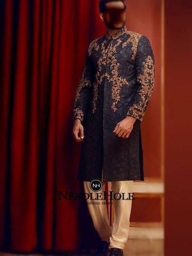 Anita Dongre amazing Pakistani designer sherwani with thread work all over and beadwork on sleeves, collar and front. Find Indian designer sherwani in USA Baraat Dress, Indian Formal Dresses, Anarkali Dress Indian, Mehendi Dresses, Wedding Outfits Indian, Sherwani Wedding, Groom Sherwani, Pakistani Kurta, Party Wears