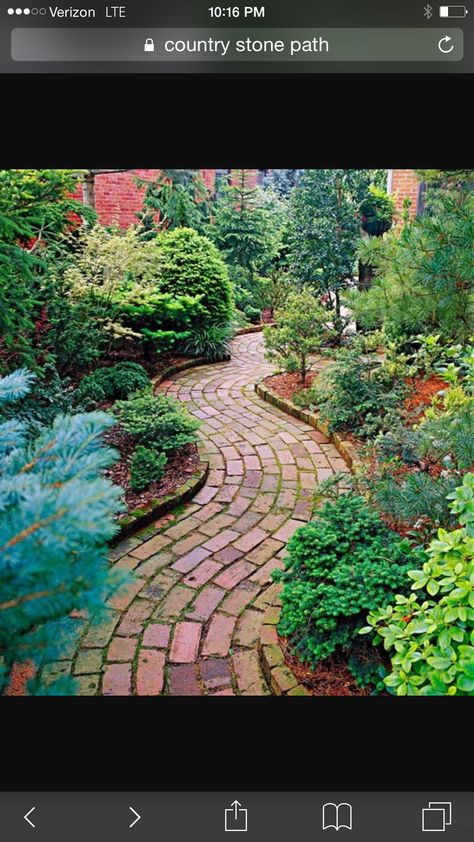 Windy brick path Rock Pathways, Moss Lawn, Rock Pathway, Yard Inspiration, Brick Path, Brick Walkway, Brick Paving, Walkways Paths, Restroom Design