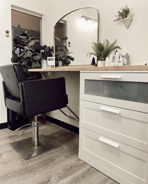 Salon Dresser Station, Hair Stations Ideas, Salon Suite Station Ideas, Ikea Hair Salon Ideas, Ikea Salon Station Ideas, Hair Station Ideas, Mini Salon Ideas Small Spaces, Mini Salon Ideas, Salon Decor Studio