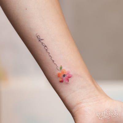 graffittoo | small watercolor flower & fine line lettering :) #watercolor #watercolortattoo #flowertattoo #fineline  | Tattoodo Just Breathe Tattoo, Small Watercolor Tattoo, Flower Tattoo On Side, Watercolor Tattoo Flower, Small Watercolor, Small Flower Tattoos, Flower Tattoo Arm, Doodle Tattoo, Flower Tattoo Sleeve