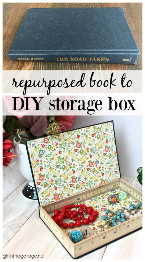 Repurposed book cover into a storage box- tutorial by Girl in the Garage How To Make A Hidden Compartment In A Book, Recycled Book Crafts Diy, Book Covers Diy, Book Recycling, Diy Vintage Books, Diy Storage Box, Diy Old Books, Craft Storage Box, Old Book Crafts