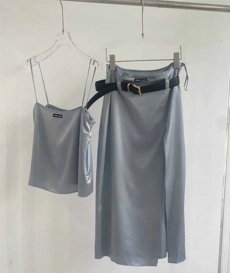 Lovely Miu Miu summer set perfect for any occasion Miu Miu Two Piece Set, Miumiu Skirt, Miu Miu Set, Lost Cherry, Resort 2025, Mid Length Skirt, Satin Set, Fitting Room, Outfit Check