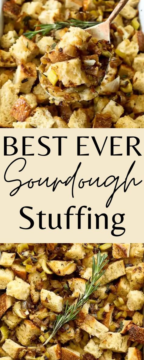 This is the BEST Sourdough Stuffing. It's a super easy recipe that can be made ahead of time for your Thanksgiving meal. Vegetarian! Sourdough Stuffing Recipes, Sourdough Stuffing Recipe, Sourdough Stuffing, Dairy Free Thanksgiving, Easy Stuffing Recipe, Vegetarian Stuffing, Thanksgiving Stuffing Recipes, Gluten Free Stuffing, Thanksgiving Food Sides