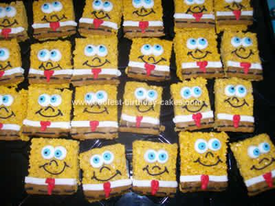 party favor OR "cake"- use 2 yellow pop sticks for legs, dip bottom of treat in butterscotch chips, stick on sugar eyes from craft store Spongebob Snacks, Spongebob Treats, Spongebob Ideas, Spongebob Cake, Spongebob Birthday Party, Spongebob Party, Spongebob Birthday, Marshmallow Treats, Butterscotch Chips