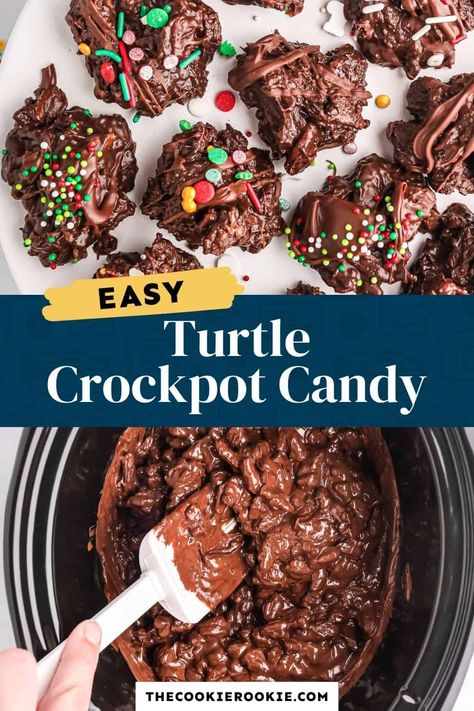 Super fun and cute to serve up for Christmas, this turtle candy is made in the crockpot for an effortless sweet treat! Chocolate and caramel covered pecans are topped with festive sprinkles for the perfect sweet snack. Crock Pot Turtles Candy, Crockpot Pecan Candy Recipes, Easy Crockpot Turtles 12 Tomatoes, Crockpot Turtles Candy, Crock Pot Turtle Candy, Easy Crockpot Turtles, Crockpot Turtles Pecan Candy, Crockpot Turtles, Turtle Candy Recipe