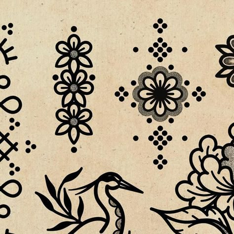 Cj on Instagram: "༶ FLASH ༶ All designs are repeatable!" Polish Folk Art Tattoo Black, Mexican Folk Tattoo, Tattoo Mom And Dad, Traditional Folk Tattoo, Flower Pattern Tattoo, Swedish Tattoo, Folk Art Tattoo, Flowers Moodboard, Grandfather Tattoo