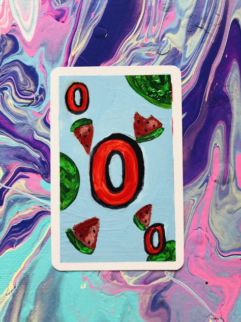 Uno card watermelon painting Painted Uno Cards, Diy Uno Cards Ideas, Uno Card Painting, Uno Card Painting Ideas, Drawing Playing Cards, Diy Uno Cards, Card Painting Ideas, Watermelon Painting, Card Painting