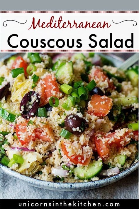 This Mediterranean couscous salad recipe is packed with delicious vegetables and makes a great side dish for summer barbecues and parties. This cold couscous salad is healthy, vegan and flavored with the best dressing! #mediterraneanrecipes #couscous #couscoussalad #healthysalad #healthyrecipes Salad Couscous Recipes, Couscous Quinoa Salad, Mediterranean Recipes Couscous, Cooscoos Salad, Couscous Salad Recipes Healthy, Mediterranean Cous Cous Salad Recipes, Salad Recipes Couscous, Cous Cous Pasta Salad Recipes, Cous Cous Salad Recipes Easy