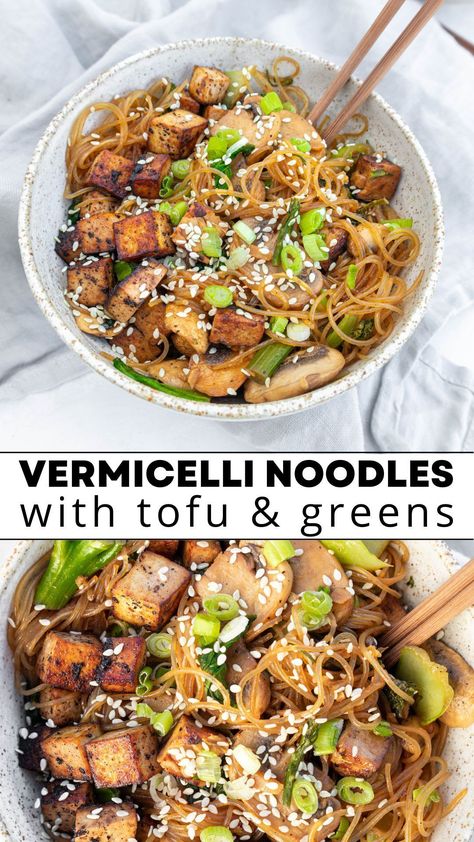 These vermicelli noodles with miso-tamari sauce, tofu and greens, are the perfect comfort dish, full of flavour and ready in less than 30 minutes. Great meal for the whole family! Vegan & gluten-free. Whole 30 Tofu Recipes, Vermicelli Tofu Recipes, Vegan Rice Vermicelli Recipes, Tofu Vermicelli Recipes, Tofu Vermicelli Bowl, Vegan Vermicelli Recipes, Vermicelli Vegetarian, Tofu Vermicelli, Vermicelli Bowl