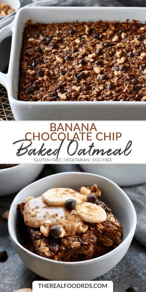 Chocolate Chip Baked Oatmeal, Recipe Healthy Breakfast, Sandwich Vegetarian, Recipe Oatmeal, Egg Free Breakfast, Creamy Oatmeal, Baked Oatmeal Healthy, Baked Oatmeal Recipe, Real Food Dietitians