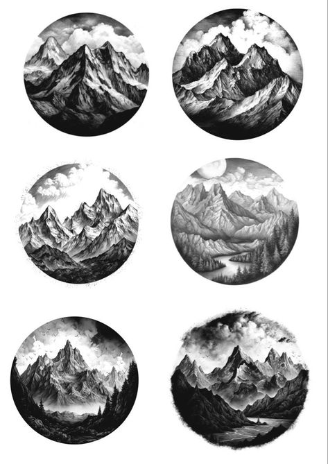 Pyrography Mountain Scene, Nature Realism Tattoo, Small Mountain Tattoo, Micro Realism, Camping Drawing, Circular Tattoo, Circle Tattoos, Palm Tattoos, Forest Tattoos