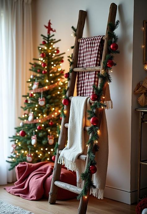 Blanket ladders offer a stylish and practical solution for displaying cozy throws in winter home decor. They're easy to set up and can transform any room into a warm, inviting space. By mixing textures, colors, and even adding twinkling lights, you can create a magical winter atmosphere. There's a clever trick to make your ladder stand out. Christmas Ladder Decor, Creative Ideas For Christmas, Christmas Ladder, Ladder Stand, Ladder Christmas Tree, Old Wooden Ladders, Blanket Ladders, Christmas Card Display, Thrifty Diy