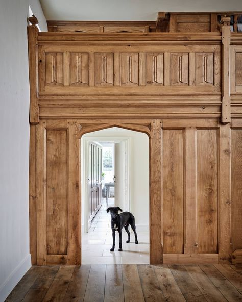 Arch Panelling, Tudor Paneling, French Lake House, Cottage Homestead, Tudor Furniture, Tudor Interior, Oak Panelling, Trim Ceiling, Cottage Core House