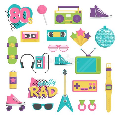 Vintage 1980s Style Item Set Stock Vector - Illustration of innovation, fluo: 73841708 Decade Fashion, Decades Fashion, 1980s Style, Accessories Style, 1980s Fashion, Art Classroom, Free Clip Art, Free Vector Art, Vintage Pins