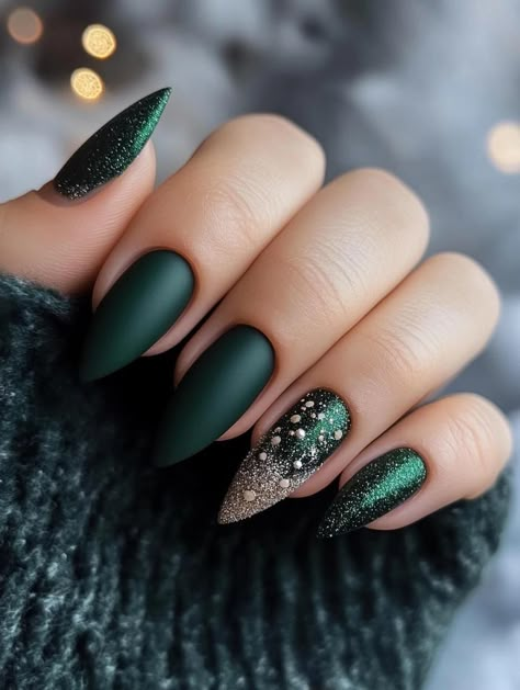 Green Christmas Nails 2025: Festive Nail Art Ideas to Spark Holiday Cheer Christmas Nail Ideas Stiletto, Matte Xmas Nails, Metallic Holiday Nails, Green Cat Eye Nails Short, Xmas Nails Green And Gold, Evergreen Christmas Nails, Classy Green Christmas Nails, Forest Green Nails Christmas, Black Christmas Nail Art