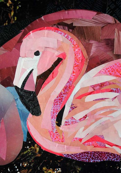 "Flamingo" is a collage made entirely from magazine strips by collage artist Megan Coyle. Flamingo Collage, Repurposed Books, Original Collage Art, Bullet Art, Whimsy Art, Art Therapy Projects, Collage Art Projects, Magazine Collage, Collage Making