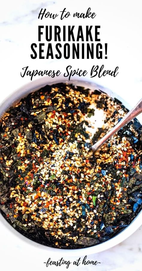 How to make Furikake- a Japanese seasoning made with nori, toasted sesame seeds, salt and optional bonito and spices. Use on rice, veggies, fish or avocado toast! Vegan and Gluten-free.  via @feastingathome Furikake Seasoning Recipe, Japanese Seasoning, Japanese Spices, Homemade Mixes, Seasoning Recipe, Homemade Condiments, Resep Diet, Japanese Recipes, Homemade Spices