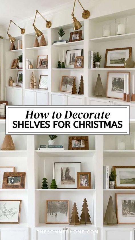 Get inspired with our Christmas Bookshelf Styling Ideas and easily copy these Wall Shelves Christmas Decor concepts. Discover Winter Bookshelf Styling and Xmas Shelf Decorations that add a touch of holiday magic to any space with style and simplicity. Shelf Styling Christmas, Winter Shelf Styling, Christmas Bookcase Decorating Ideas, How To Decorate Shelves For Christmas, Christmas Bookshelf Decorating Ideas, Bookshelf Christmas Decor, Shelves Christmas Decor, Winter Bookshelf, Christmas Shelf Styling