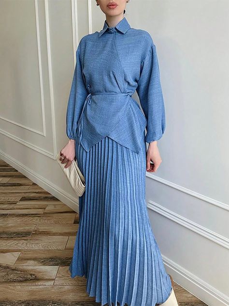 Lacing Shirt & Pleated Skirt Casual Set Blue Elegant    Plain  Non-Stretch  Women Clothing, size features are:Bust: ,Length: ,Sleeve Length: Hijab Fits, 2024 Lookbook, Amazing Clothes, Skirt Casual, Fall Winter Dresses, Pleated Skirts, Daily Dress, Casual Sets, Long Blouse