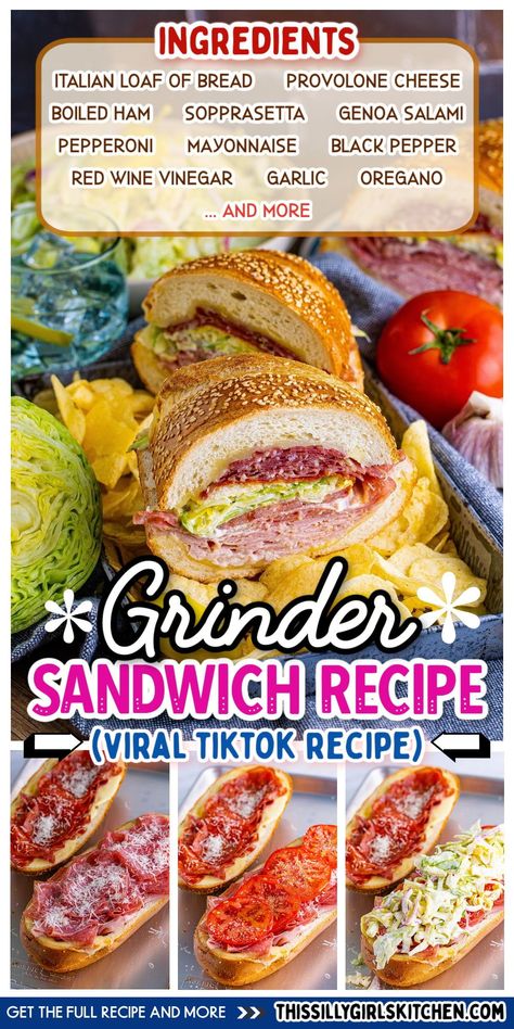 This delicious grinder salad gets slathered into one delicious sandwich. All that crunchy lettuce, fresh garlic, mayo, pepper… It’s all just amazing. It’s perfect for a weekend lunch, game day, or any day you crave something hearty and satisfying. Jump right into putting together this fantastic Grinder Sandwich Recipe! Grinder Sandwich Recipe, Italian Grinder Sandwich, Italian Grinder, Grinder Salad, Pizza Sandwich Recipe, Grinder Sandwich, Mom Breakfast, Weekend Lunch, Tiktok Recipes