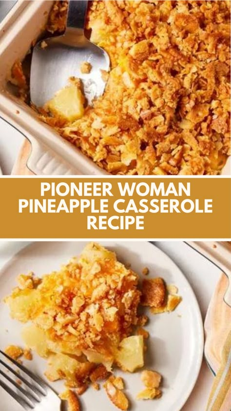 Pioneer Woman Pineapple Casserole recipe features pineapple chunks, sugar, flour, cheddar cheese, butter, and crushed Ritz crackers. It takes about 25-30 minutes to bake until golden and bubbly, offering a sweet and savory dish perfect for gatherings. Pineapple Casserole Recipe, Thanksgiving Sweet Potato Casserole, Pioneer Kitchen, Ritz Cracker Recipes, Pineapple Casserole, Sweet Potato Thanksgiving, Thanksgiving Food Sides, Pineapple Chunks, Cheese Butter