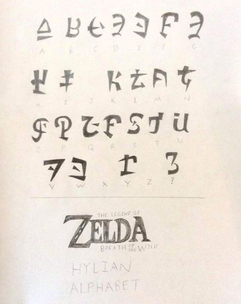 Legend of Zelda Breath of the wild Hylian alphabet by Cameron Samanie. Also that "?" Is an unknown letter, not the symbol for a question mark Hylian Alphabet Breath Of The Wild, Legend Of Zelda Alphabet, Zelda Alphabet, Legend Of Zelda Symbols, Hylian Alphabet, Gerudo Oc, Zelda Symbols, Zelda Party, Fictional Languages