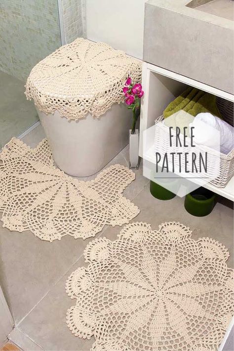 Crochet for Bathrooms Free Pattern Crochet Bathroom Rug, Cat Bag Crochet, Crochet Bathroom Set, Crochet Bath Mat, Bathroom Crochet, Crochet Rug Patterns Free, Crochet Bathroom, Small Goals, Knitting Bag Pattern