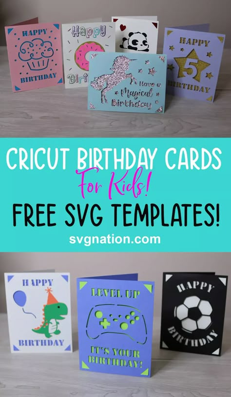 Cricut Birthday Cards for Kids - Free SVG Files Cricut Projects Birthday Cards, Cricut Joy Insert Cards Free Svg, Cricut Insert Card Svg Free, Free Birthday Svg Files For Cricut, Cricut Joy Birthday Cards, Kids Birthday Cards Diy, Cricut Cards Ideas Cardmaking, Birthday Cards For Kids, Panda Birthday Cards