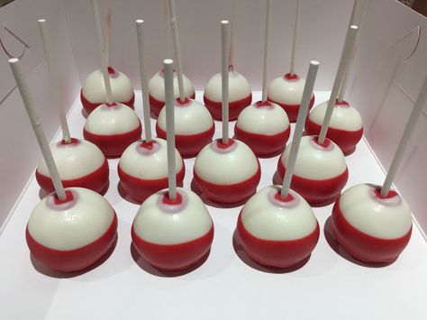 Fishing Bobber Cake Pops, Bobber Cake Pops, Bobber Cake, Football Cakes, Fishing Birthday Party, Football Cake, Fishing Bobber, Fishing Birthday, Fishing Theme