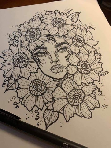 Sunflower Afro Tattoo, Black Mother Earth Tattoo, Afro Latina Tattoo Ideas, Mother Nature Tattoos Black Women, Loc Tattoos For Women, Handdrawn Illustration Style, Afro Fairy Tattoo, Afro Tattoo, Cute Thigh Tattoos