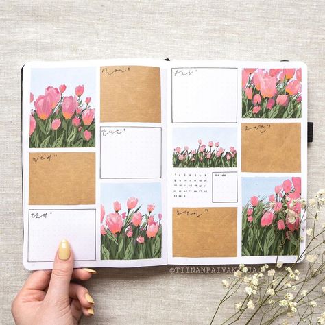 Tulip Field Painting, March Scrapbook, Bujo Goals, Journal Layout Ideas, Journal Illustration, Little Paintings, Bujo Journal, خريطة ذهنية, Journal 2024