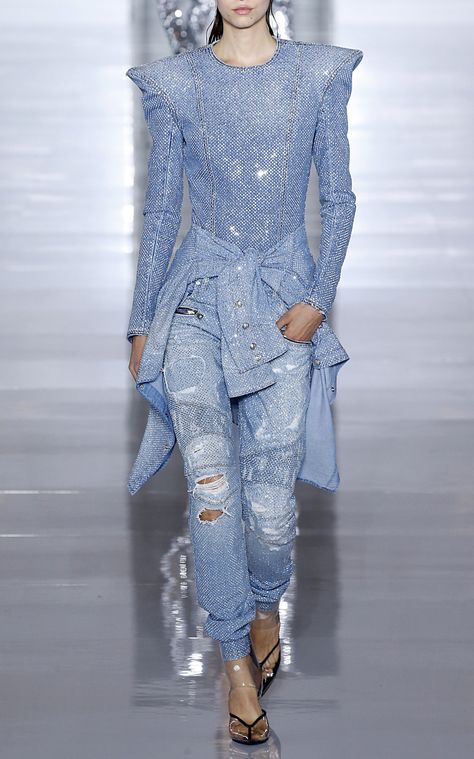 Long-Sleeve Strass Denim Top by BALMAIN for Preorder on Moda Operandi Balmain Biker Jeans, Balmain Denim, Punk Street Style, Rhinestone Outfit, Balmain Fashion, Balmain Collection, Alice Wonderland, Denim Fashion Women, Custom Jeans