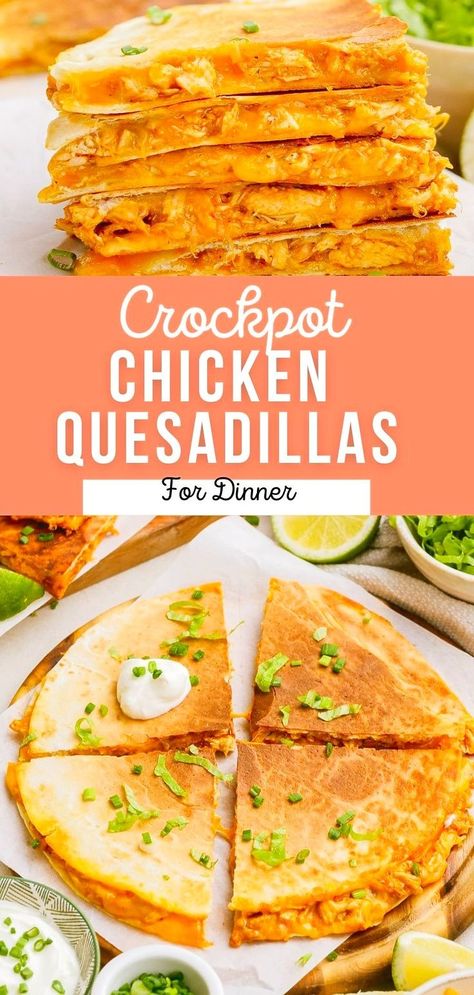 These irresistible Chicken Quesadillas are loaded with delicious shredded chicken taco meat (made in the crockpot), loads of cheese and a secret ingredient that will blow your mind! They are the perfect appetizer, easy lunch or even dinner! Shredded Chicken Taco Meat, Chicken Taco Meat, Chicken Quesadillas Recipe, Chicken Quesadilla Recipe, Shredded Chicken Tacos, Chicken Taco, Grilled Onions, Quesadilla Recipes, Fast Dinners