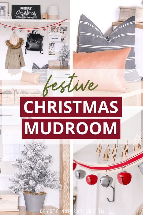 A festive seasonal Christmas mudroom. Christmas details make this entryway shine for the holiday season. #christmas #christmasdecor #christmasdecorations decorating ideas || home decor ideas || modern home #homedecor #hometour #decorate Mudroom Christmas Decor Ideas, Mudroom Christmas Decor, Christmas Mudroom, Mudroom Decor Ideas, Entry Organization, Home Decor Ideas Modern, Christmas Details, Christmas Diy Projects, Christmas Entryway