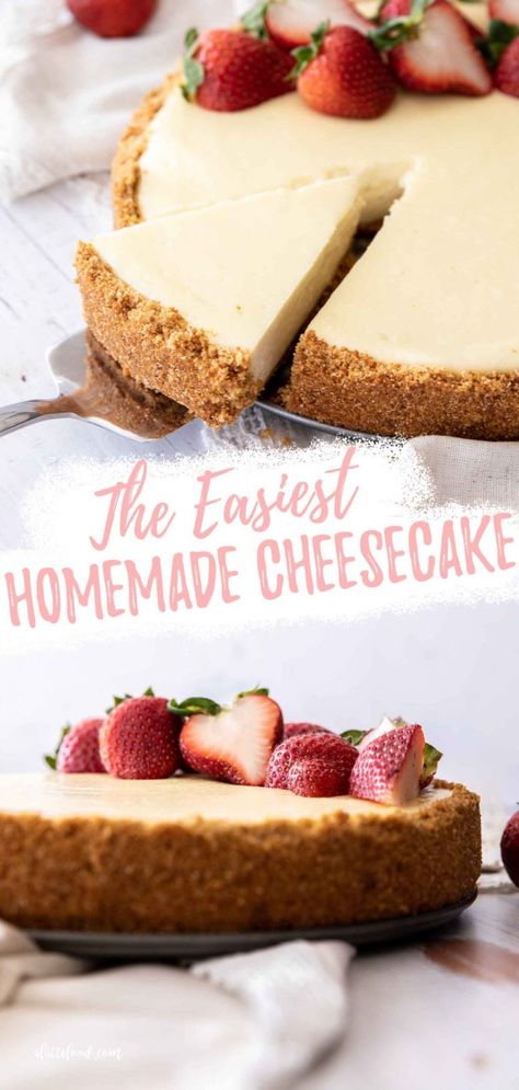 My favorite Homemade Cheesecake Recipe is this super simple one made from scratch and filled with the best ingredients. It’s an easy cheesecake because this recipe is made without a water bath, it doesn’t crack, and it only has a few ingredients (you don’t need a lot for the best cheesecake recipe in the world!). Easy Homemade Cheesecake, Easy Cheesecake Recipe, Recipes Deserts, Homemade Cheesecake Recipes, Recipe For One, Pierogi Recipe, Cheesecake Recipes Classic, Cheesecake Toppings, Kids Baking