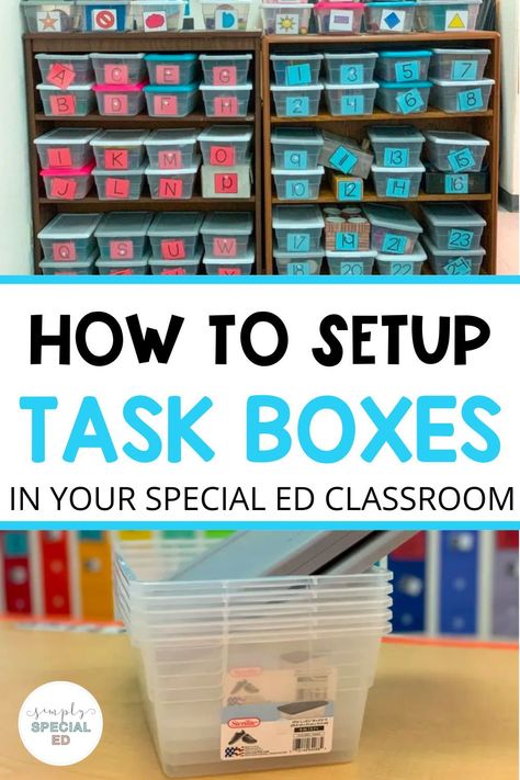 Do you use task boxes in your classroom? Whether you're a new teacher or a veteran special education teacher, I bet you use task boxes with your special education students. Today, I want to share how I organize my task boxes. Task box organization is almost like an art. I share how I use plastic storage containers to keep each of my task boxes organized. I’ve also found a great way to organize your task box system is to have a data collection or tracking system in place. Task Box Organization Special Education, Shoe Box Task Boxes, Dollar Tree Task Boxes For Special Education, Task Boxes For Middle School Special Education, Functional Task Boxes, Work Task Boxes Special Education, Task Boxes For Special Education Elementary, Independent Task Boxes, Elementary Task Boxes