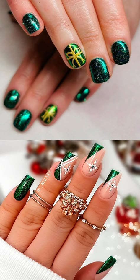 Festive Dark Green Christmas Nail Ideas Check more at https://mangadexx.com/festive-dark-green-christmas-nail-ideas/ Christmas Nails With Snowflakes, Dark Green Christmas Nails, Green Christmas Nail Ideas, Nails With Snowflakes, Green Christmas Nail, Christmas Nail Designs Acrylic, Dark Green Christmas, Green Christmas Nails, Glitter Nails Art